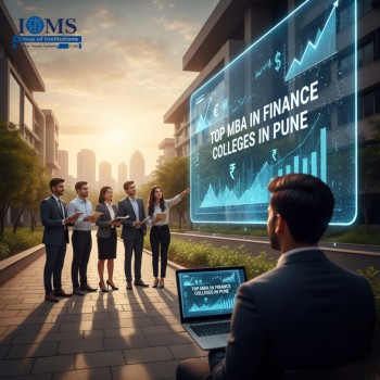 The image shows a group of business students and professionals in a modern campus setting, looking at a large futuristic screen that displays financial charts and the title-'Top MBA in Finance Colleges in Pune.'.The ISMS logo is visible.