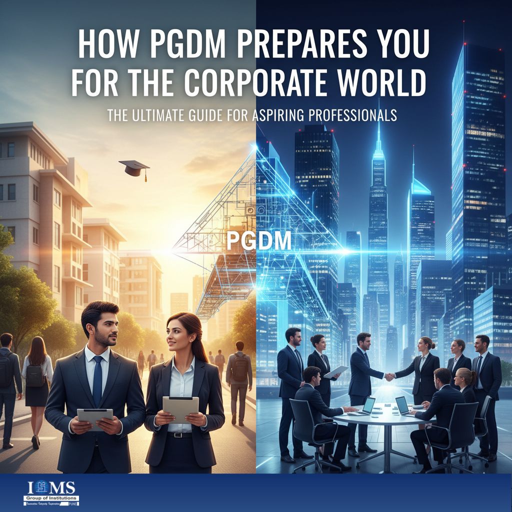 A journey from student to professional through a PGDM program. The left side shows a graduation cap floating above students walking on a sunny campus path, with two well-dressed graduates in the foreground. The right side shows a modern, neon-lit corporate city skyline with business professionals shaking hands around a conference table. The text reads: 'HOW PGDM PREPARES YOU FOR THE CORPORATE WORLD